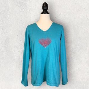 Life Is Good Crusher Tee Teal Long Sleeve Heart Print Classic Fit, Size L